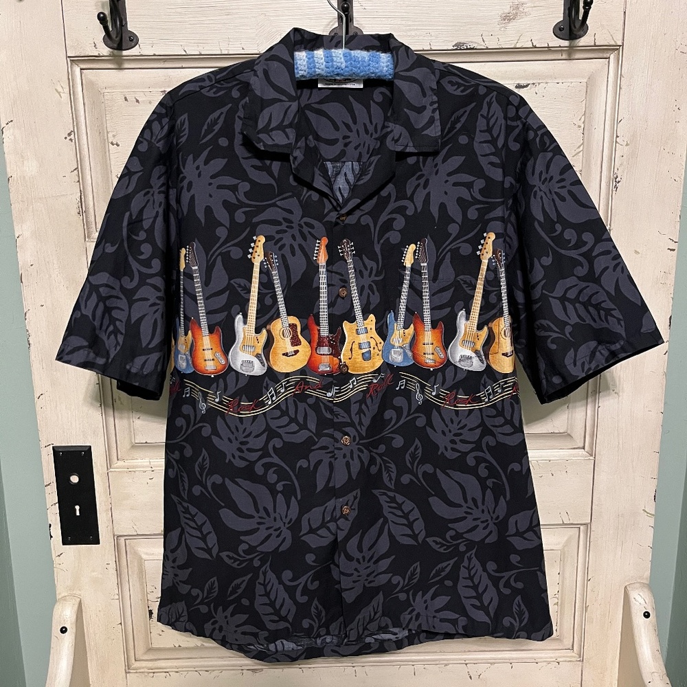 Pacific Legend Apparel Men's Black Floral & Guitar Shirt Size XL